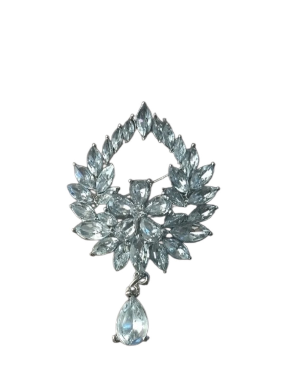 Crystal Floral Drop Brooch - Clear Silver-Tone Sparkle